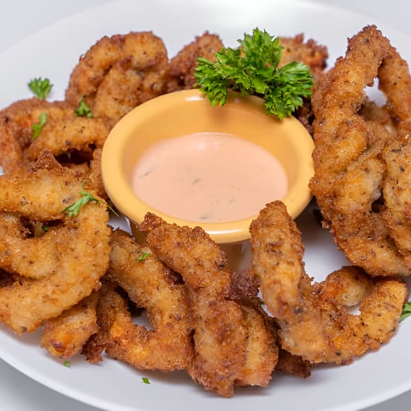 Crispy fried Haitian griot, garnished with parsley, and a side of creamy dipping sauce.